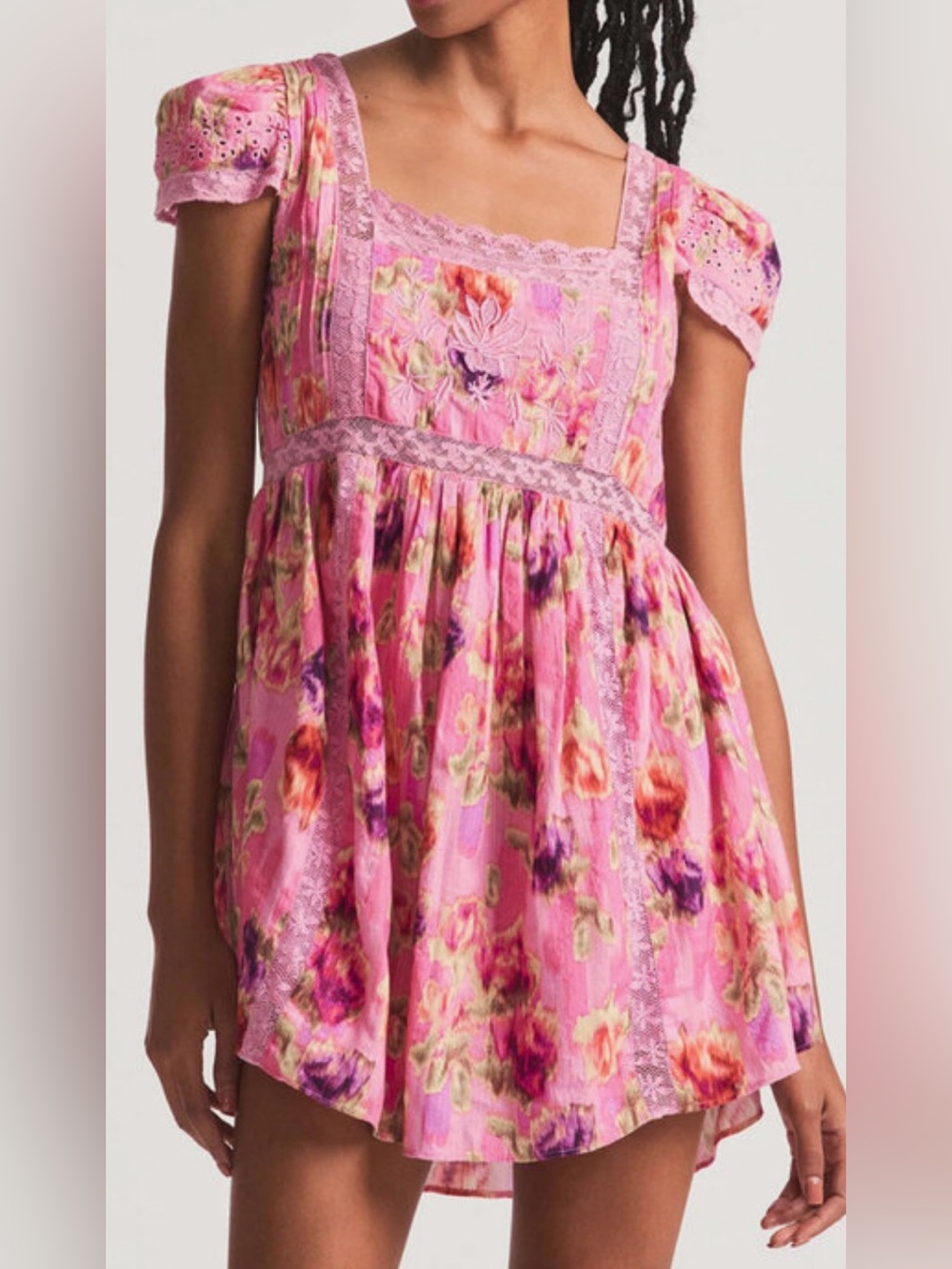 LoveShackFancy Pink Floral Lace-Trim Dress